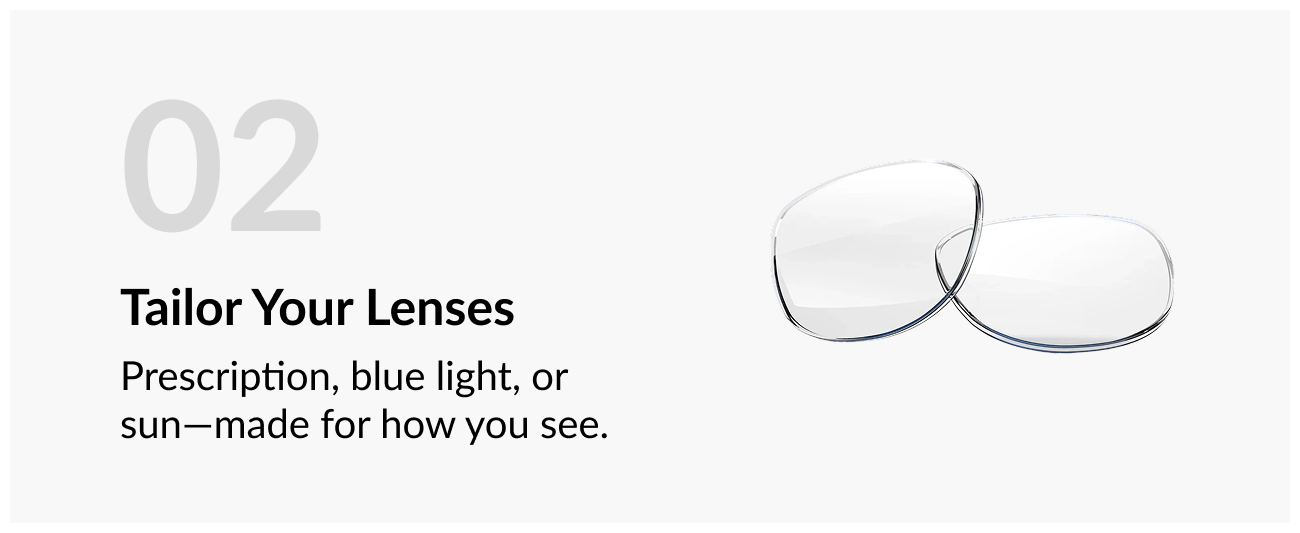 Section contains clear prescription lenses displayed side by side with text describing lens customization options.