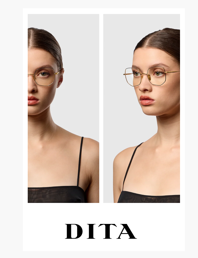 Two side-by-side portrait images of a model wearing gold Dita eyeglasses highlighting the frame detailing.