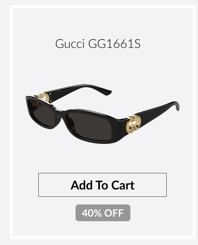 Product image of Gucci GG1661S black sunglasses with gold logo hardware and a 40% off badge.