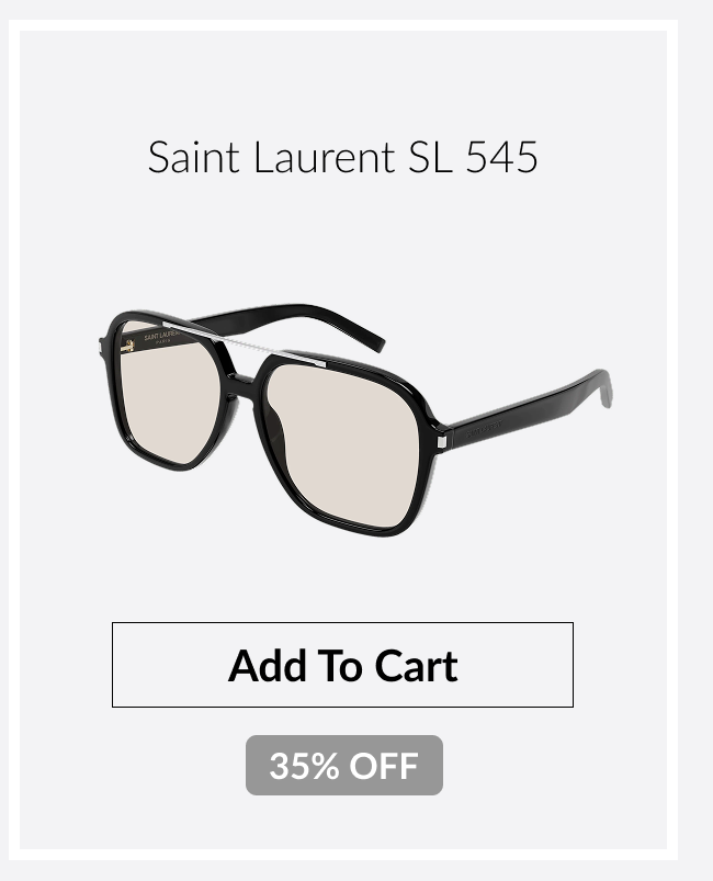 Product image of Saint Laurent SL 545 black square sunglasses with light lenses and a 35% off badge.