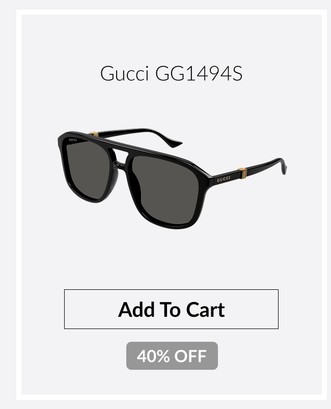 Product image of Gucci GG1494S black sunglasses with gold accents and a 40% off badge.
