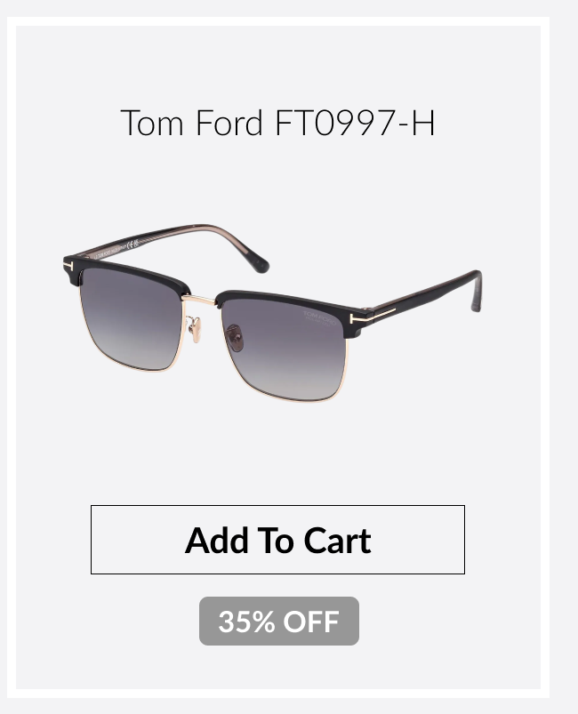 Product image of Tom Ford FT0997-H black and gold sunglasses with gradient lenses and a 35% off badge.