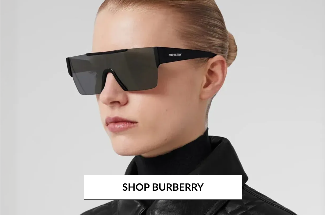 Product image of Burberry sunglasses worn by a model, with a “Shop Burberry” call-to-action button.