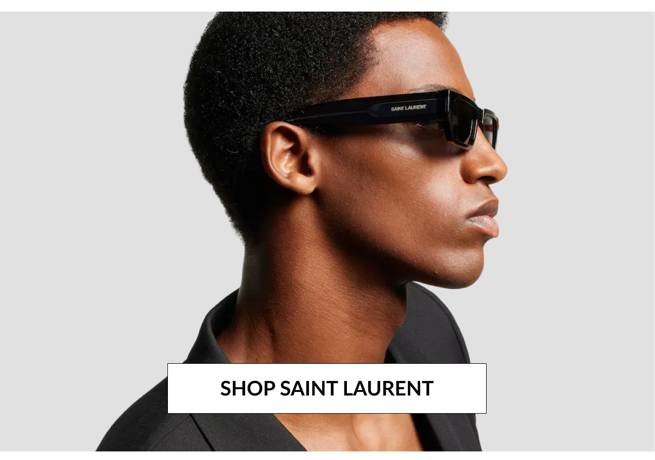 Product image of Saint Laurent sunglasses worn by a model, with a “Shop Saint Laurent” call-to-action button.