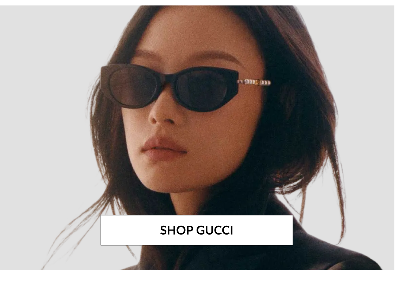 Product image of Gucci sunglasses worn by a model, with a “Shop Gucci” call-to-action button.