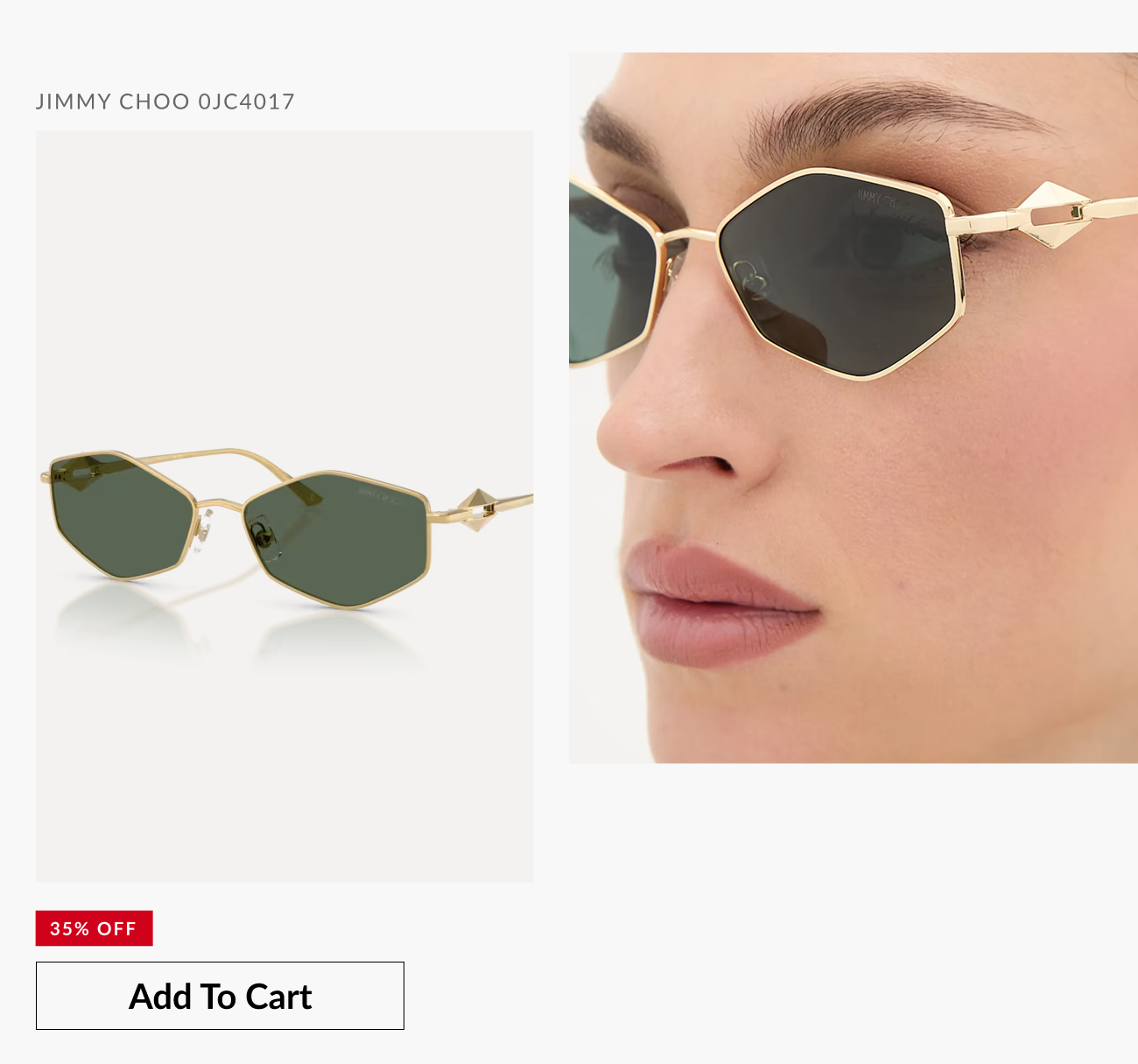 Jimmy Choo 0JC4017 gold geometric sunglasses with green lenses, featured at 35% off.
