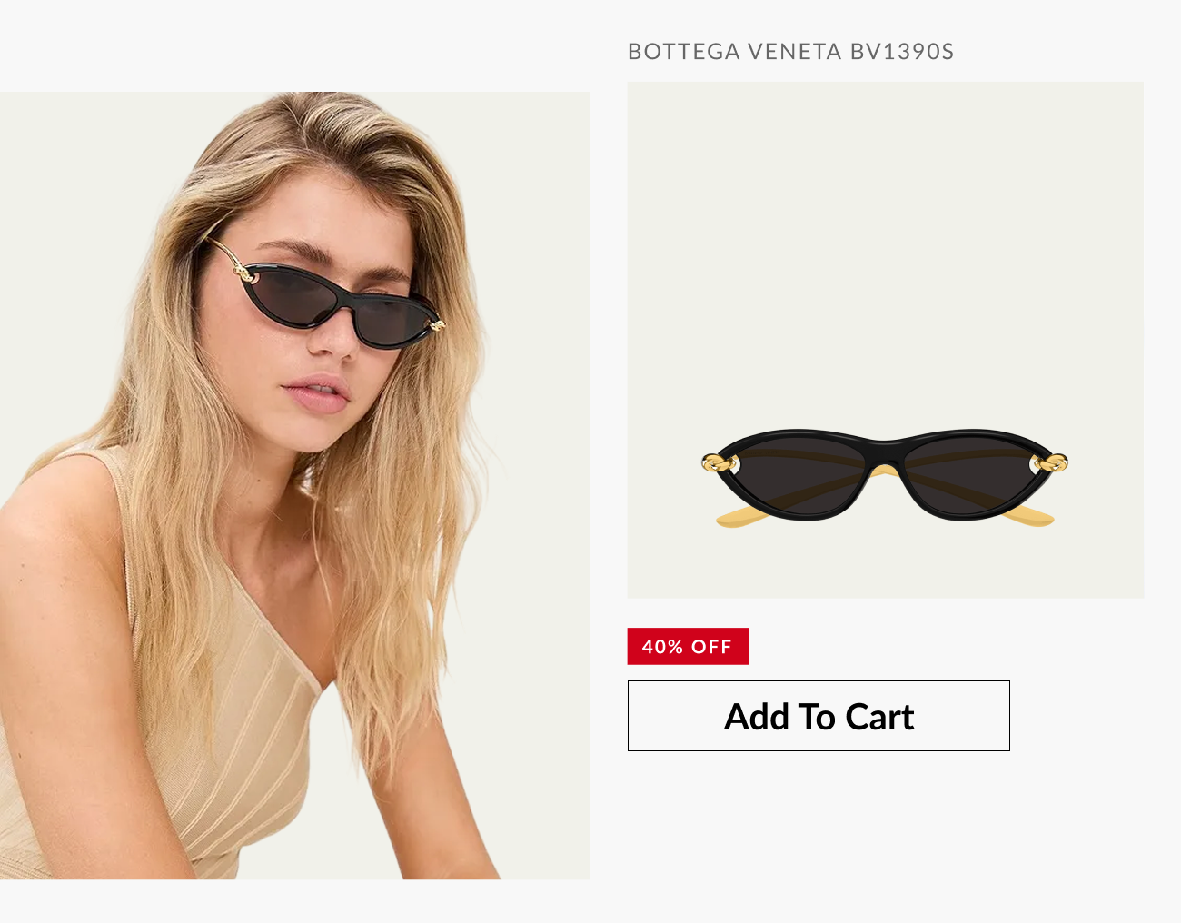 Bottega Veneta BV1390S black cat-eye sunglasses with gold accents, featured at 40% off.