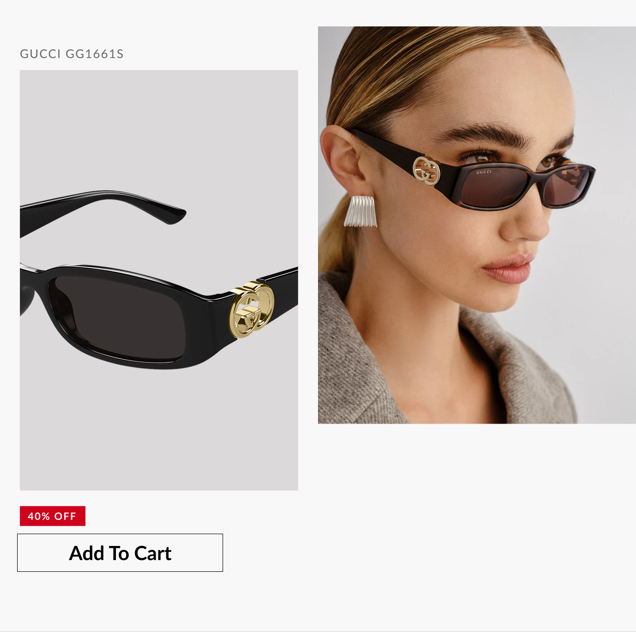 Gucci GG1661S black rectangular sunglasses with gold logo detailing, featured at 40% off.