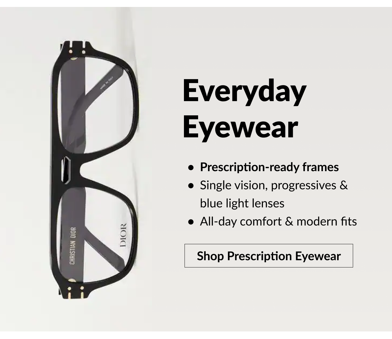 Black Christian Dior prescription frames with details on lens options and a ‘Shop Prescription Eyewear’ call-to-action.
