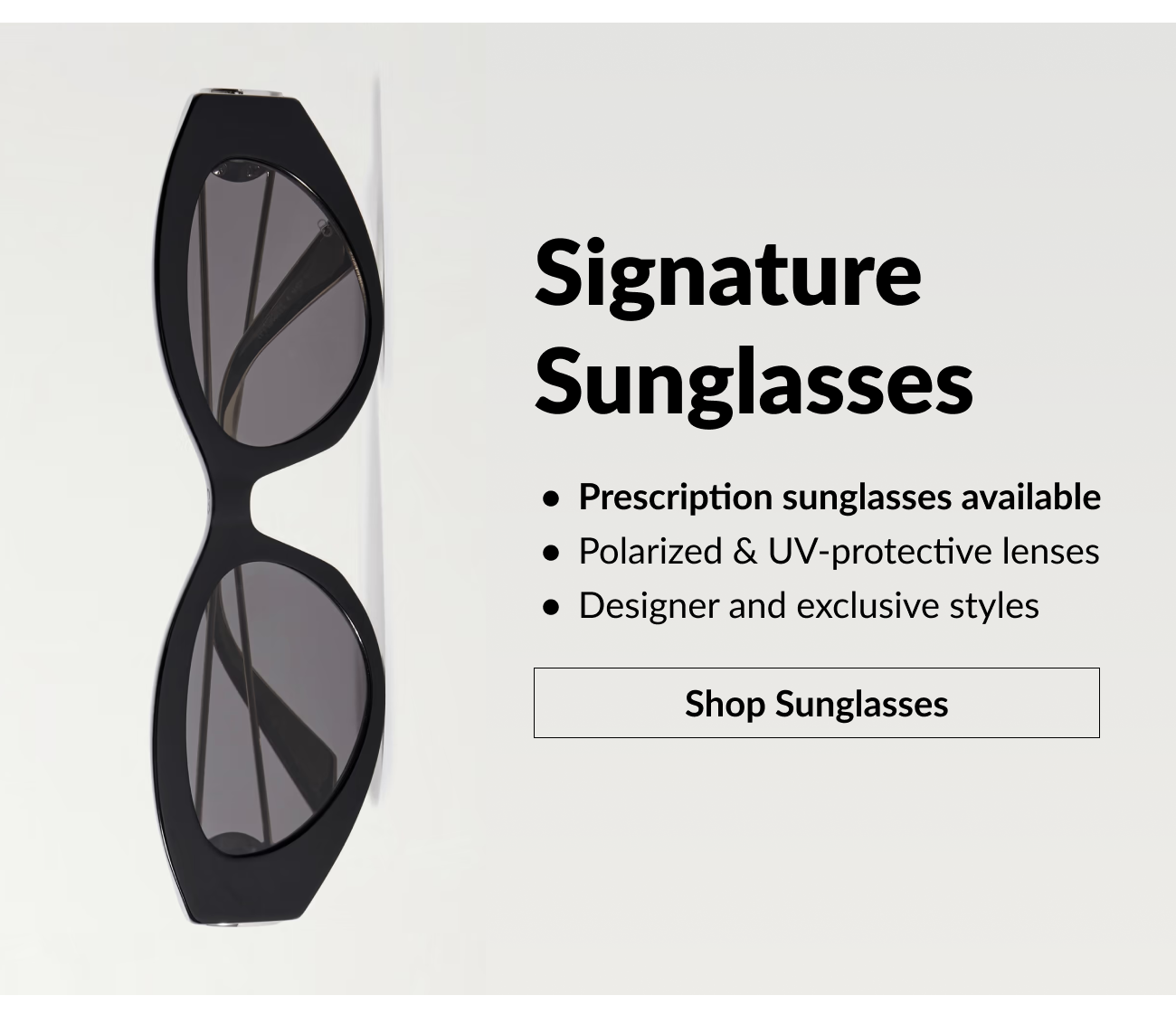 Black designer sunglasses highlighting prescription and polarized options with a ‘Shop Sunglasses’ button.