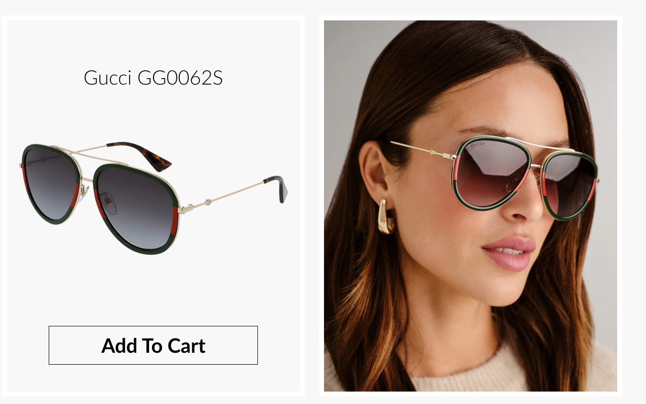Product image featuring Gucci GG0062S aviator sunglasses alongside a model wearing the style, with an “Add To Cart” button.