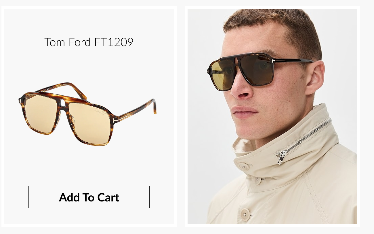 Product image displaying Tom Ford FT1209 aviator sunglasses next to a model wearing the frame, with an “Add To Cart” button.