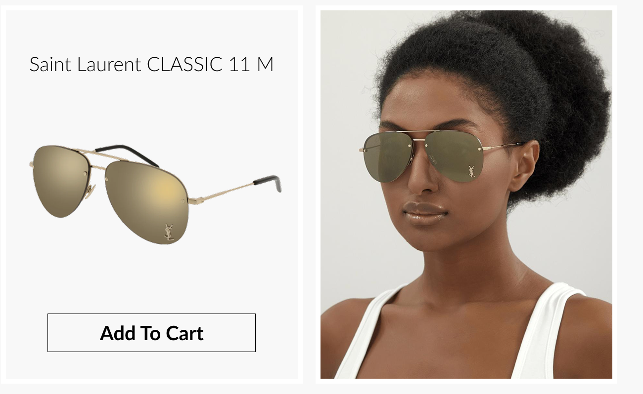 Product image showing Saint Laurent CLASSIC 11 M aviators beside a model wearing them, with an “Add To Cart” button.