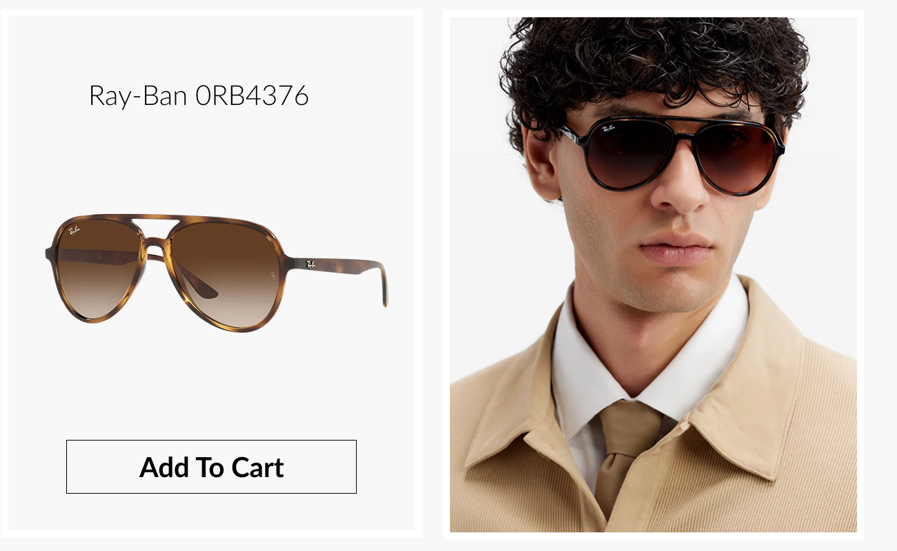Product image of Ray-Ban 0RB4376 aviator sunglasses paired with a model wearing the frame, with an “Add To Cart” button.
