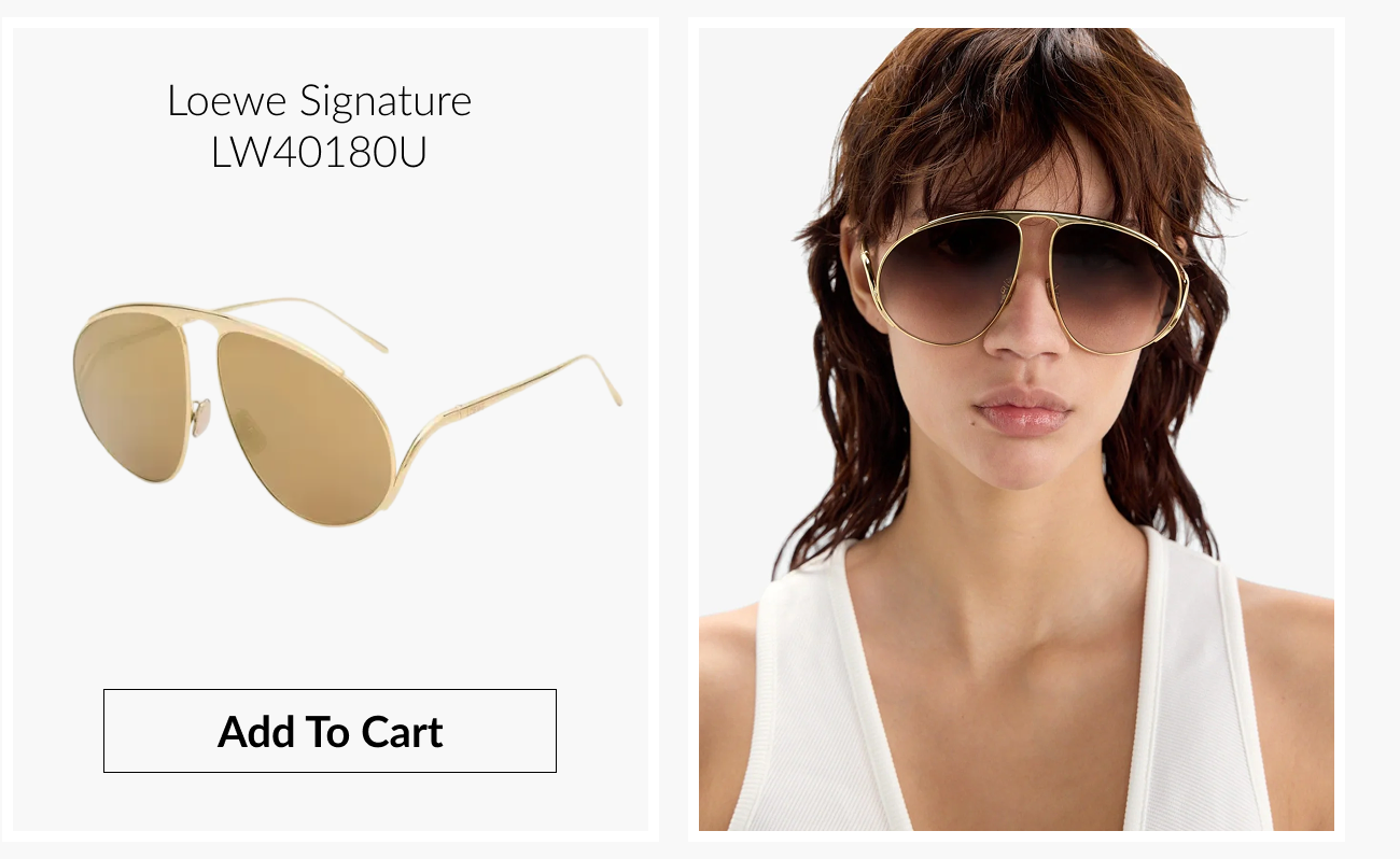 Product image of Loewe Signature LW40180U aviator sunglasses alongside a model wearing the style, with an “Add To Cart” button.