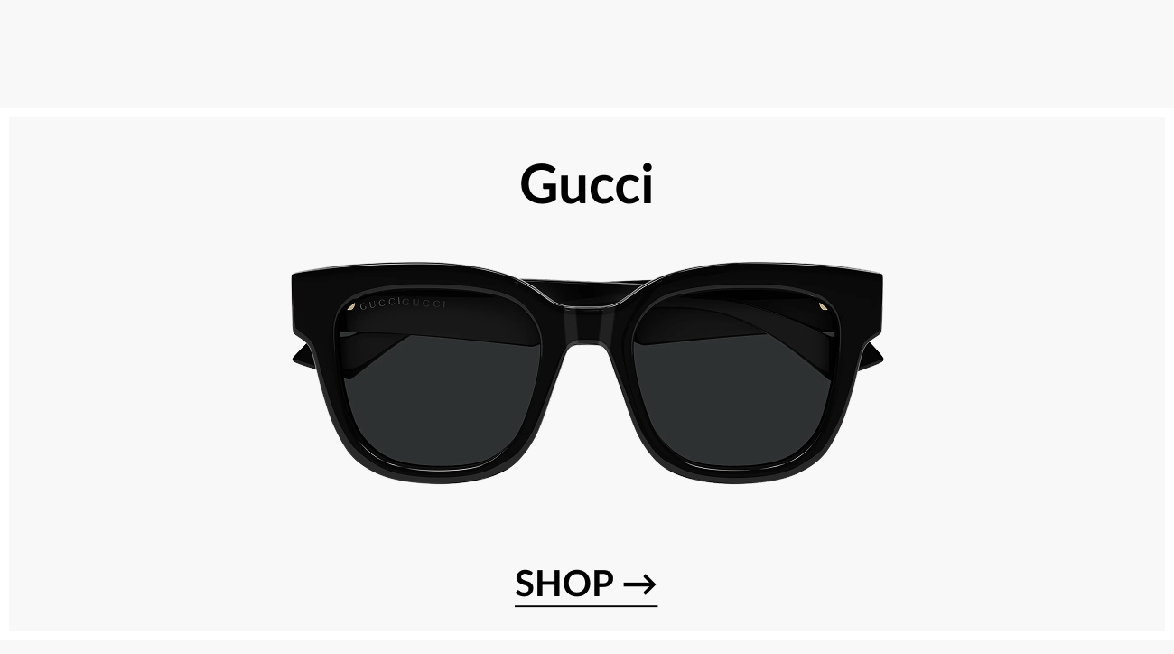 Brand feature section titled “Gucci” displaying black oversized square sunglasses with a “Shop” call-to-action button.