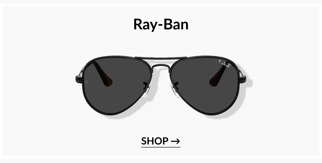 Brand feature section titled “Ray-Ban” displaying classic black aviator sunglasses with a “Shop” call-to-action button.