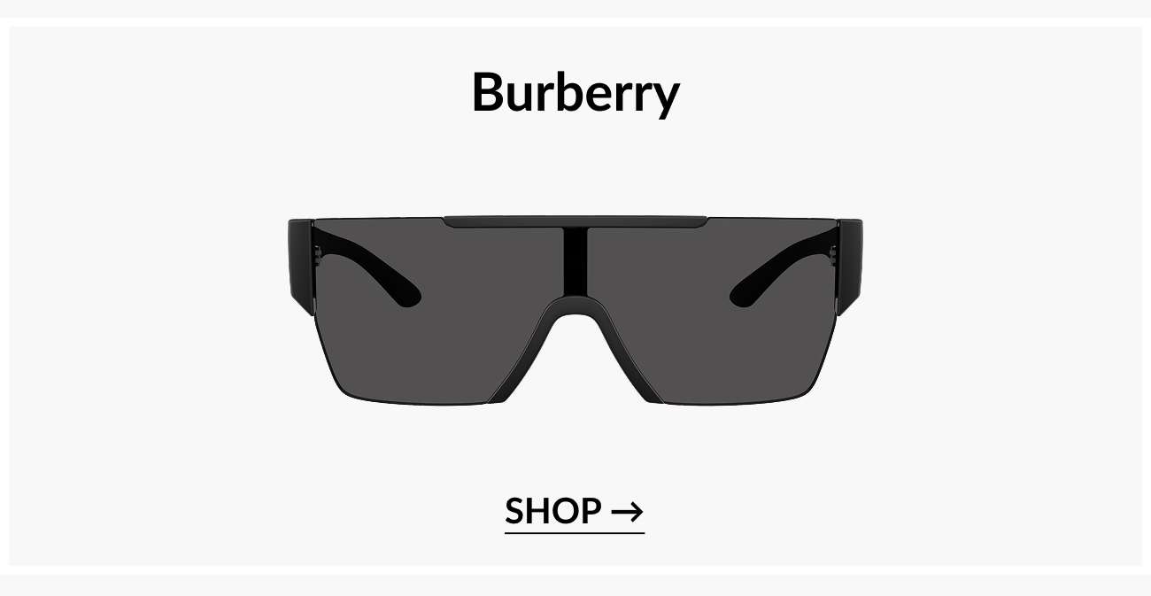 Brand feature section titled “Burberry” displaying oversized shield-style sunglasses with a “Shop” call-to-action button.