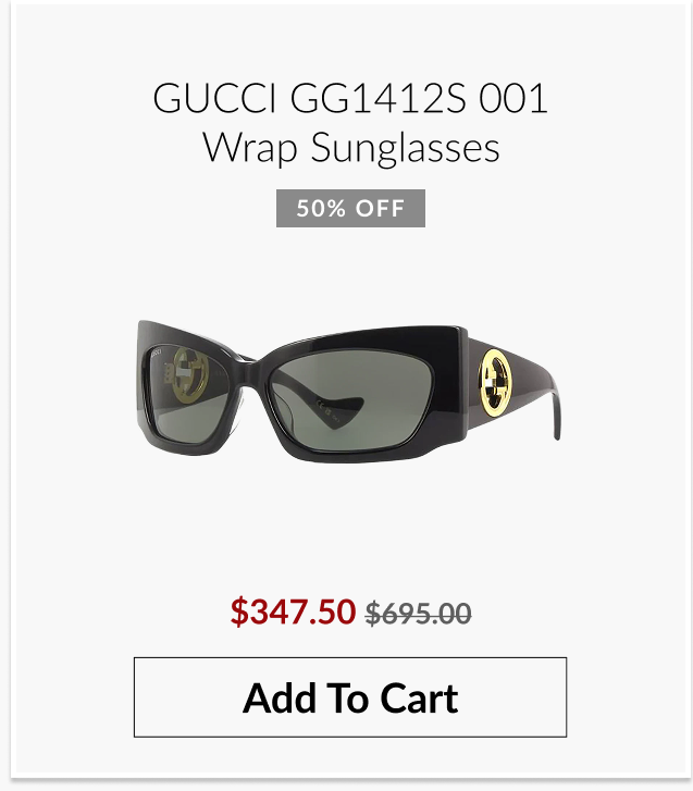 Gucci GG1412S 001 wrap sunglasses shown with 50% off pricing and an “Add To Cart” button.