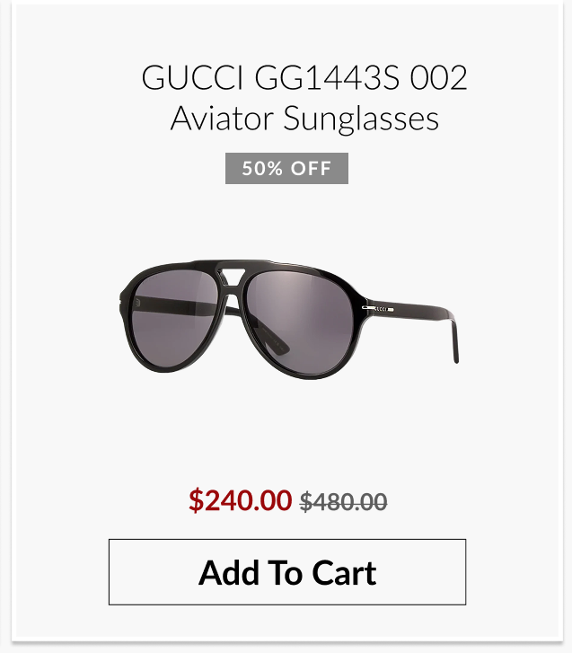 Gucci GG1443S 002 aviator sunglasses shown with 50% off pricing and an “Add To Cart” button.