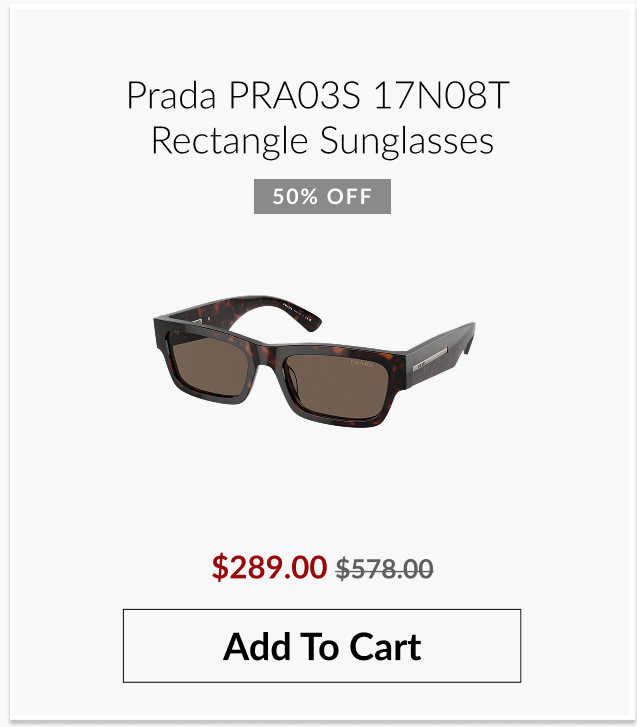Prada PRA03S 17N08T rectangle sunglasses shown with 50% off pricing and an “Add To Cart” button.