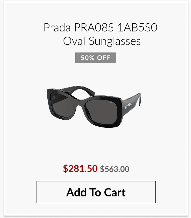 Prada PRA08S 1AB5S0 oval sunglasses shown with 50% off pricing and an “Add To Cart” button.