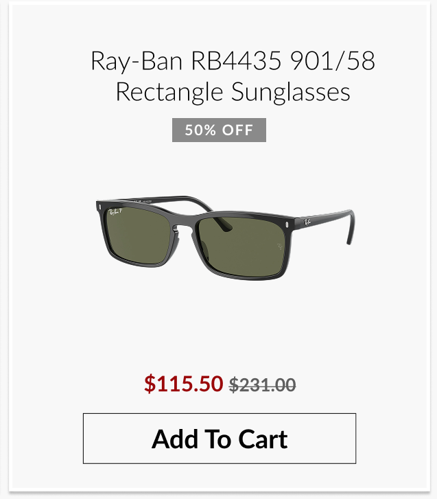 Ray-Ban RB4435 901/58 rectangle sunglasses shown with 50% off pricing and an “Add To Cart” button.
