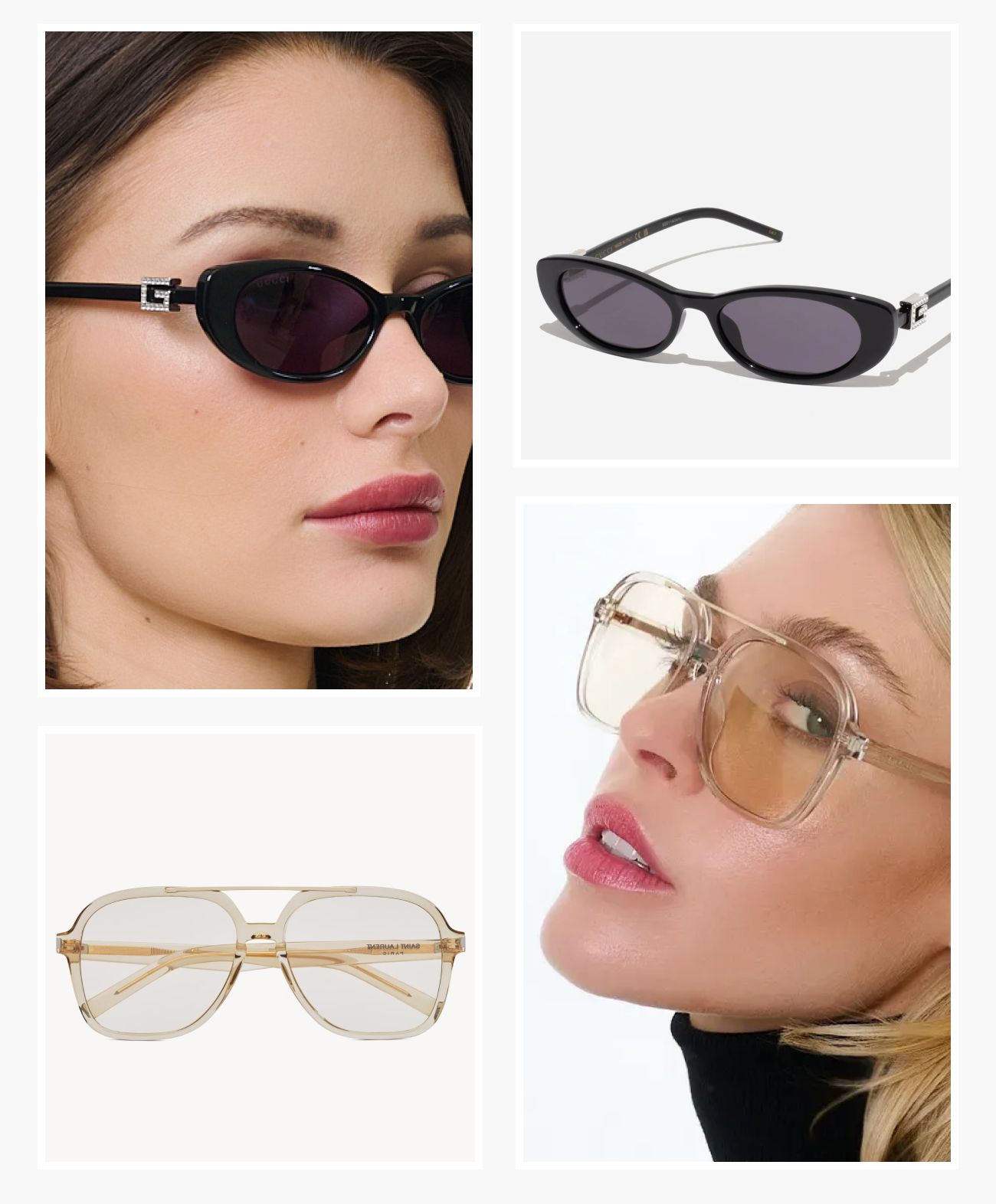 Featured editorial images show close-up lifestyle shots of designer sunglasses and optical frames.