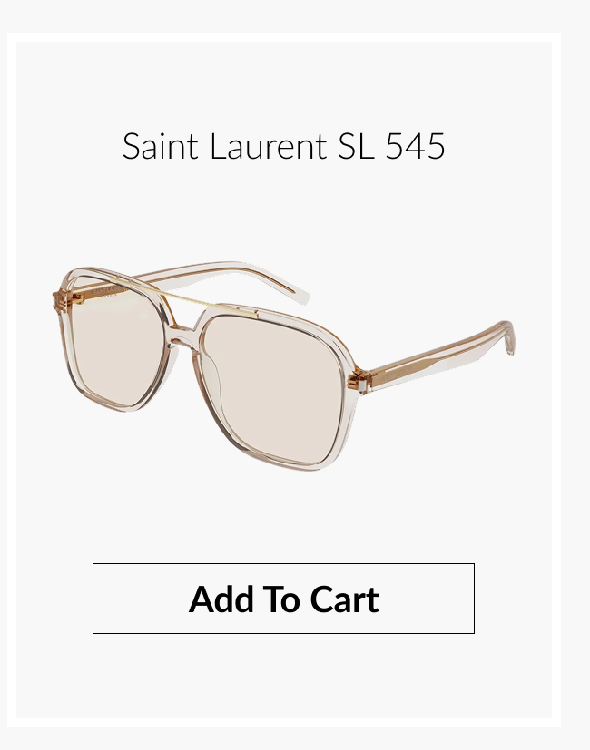 Product image of “Saint Laurent SL 545” oversized translucent beige aviator-style frames and an 'Add to Cart' button.