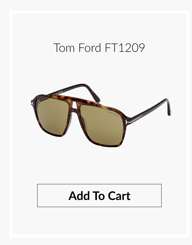 Product image of “Tom Ford FT1209” bold square tortoiseshell frames with green lenses with an 'Add to Cart' button.