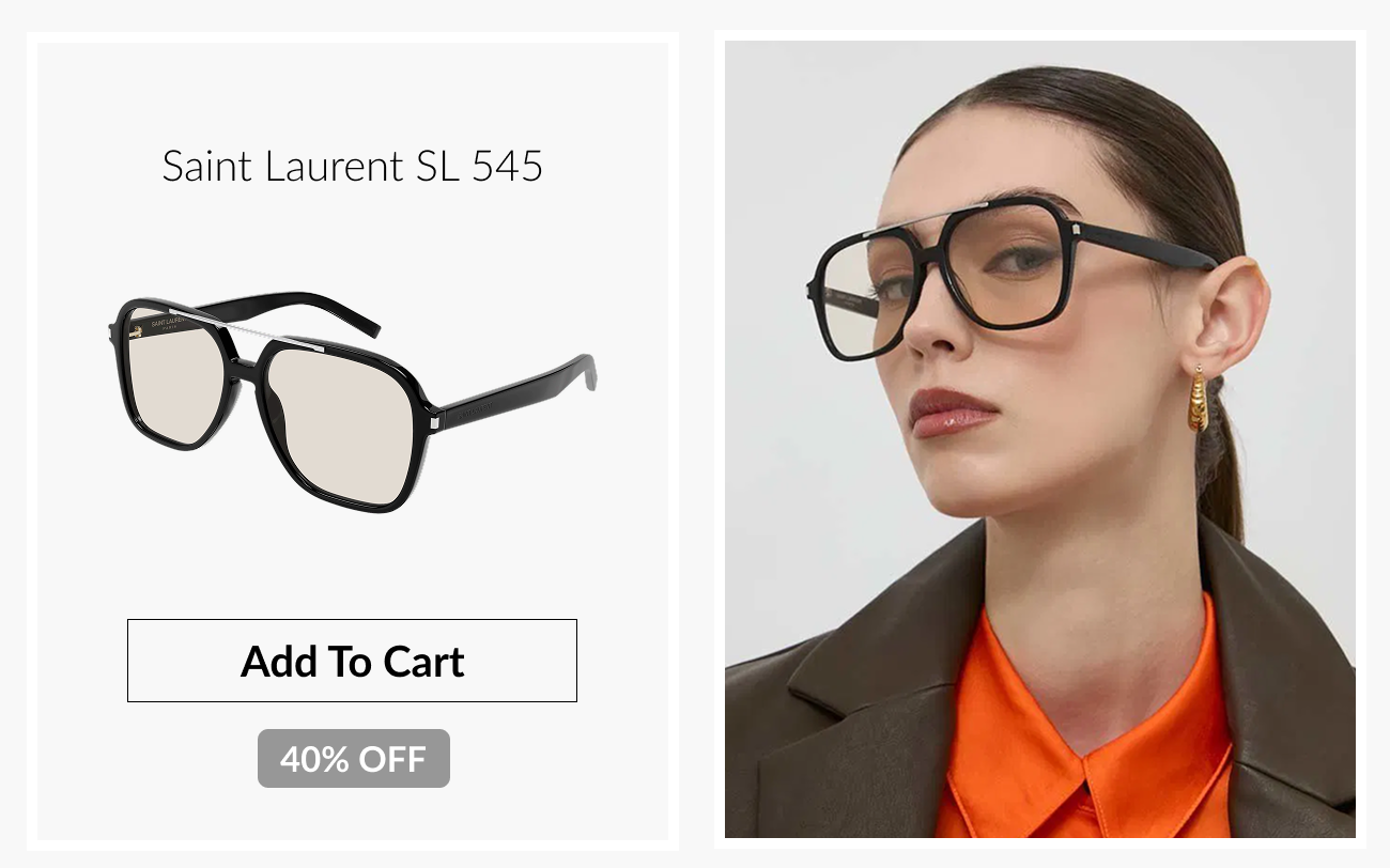 Saint Laurent SL 545 optical frames displayed with an “Add To Cart” button and “40% Off” badge alongside a model wearing the frames.