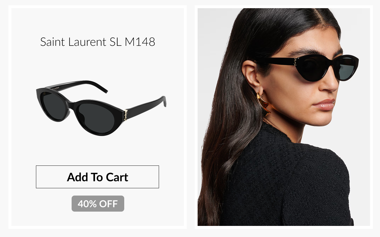 Saint Laurent SL M148 sunglasses displayed with an “Add To Cart” button and “40% Off” badge alongside a model wearing the frames.