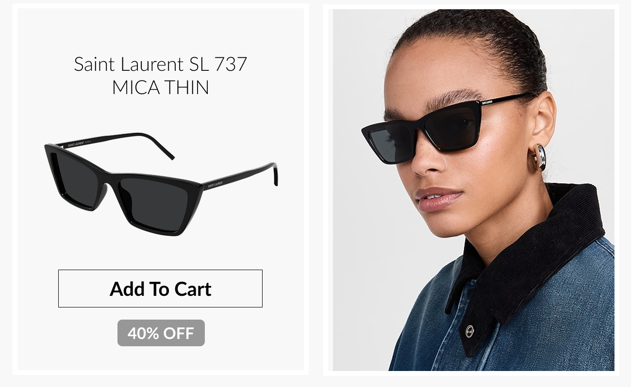 Saint Laurent SL 737 MICA THIN sunglasses displayed with an “Add To Cart” button and “40% Off” badge alongside a model wearing the frames.