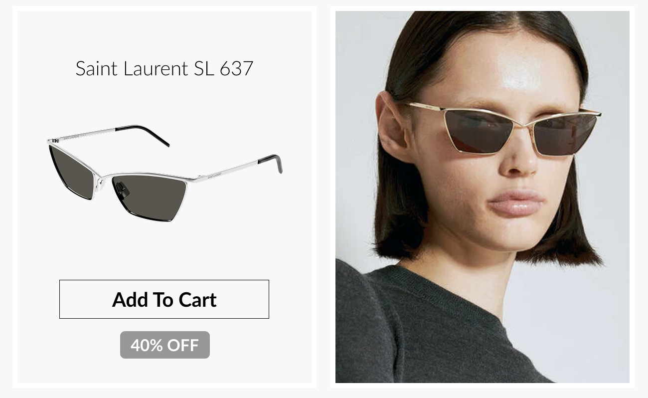 Saint Laurent SL 637 sunglasses displayed with an “Add To Cart” button and “40% Off” badge alongside a model wearing the frames.
