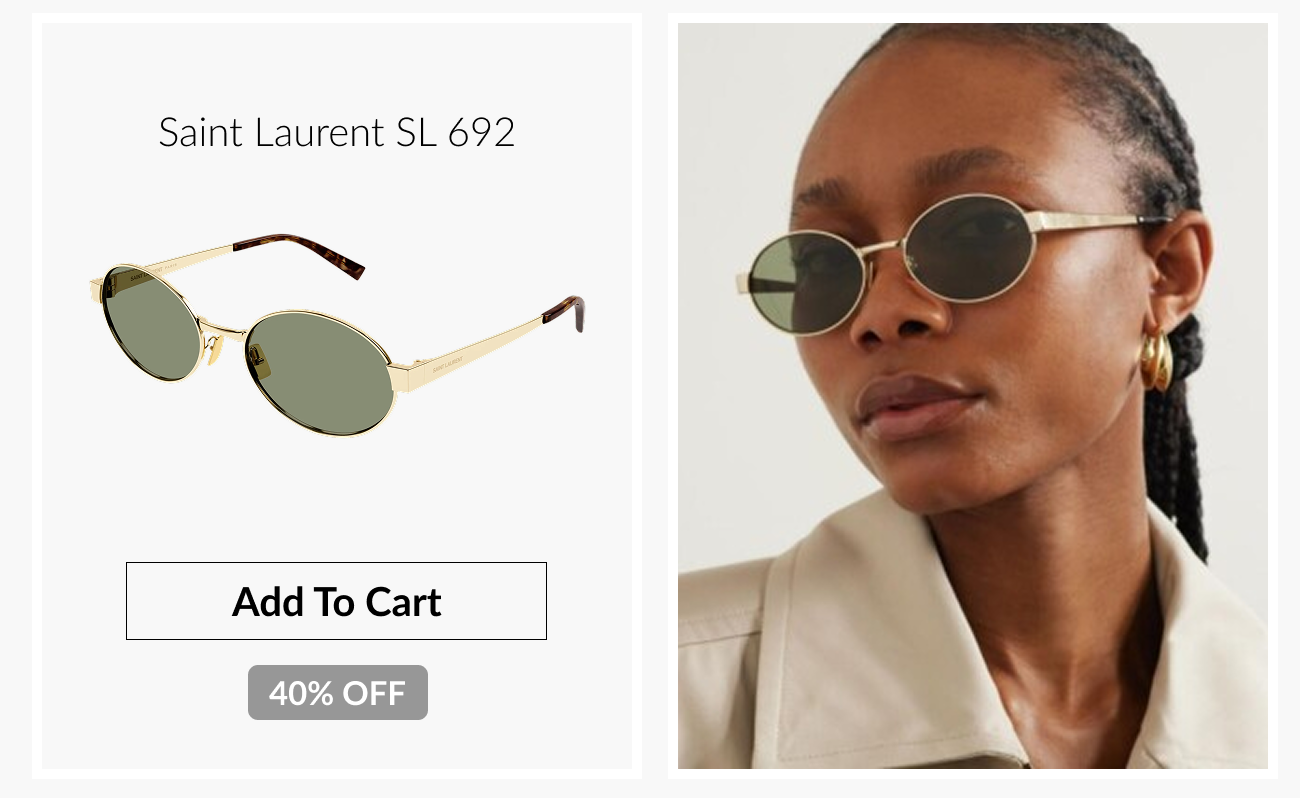 Saint Laurent SL 692 sunglasses displayed with an “Add To Cart” button and “40% Off” badge alongside a model wearing the frames.