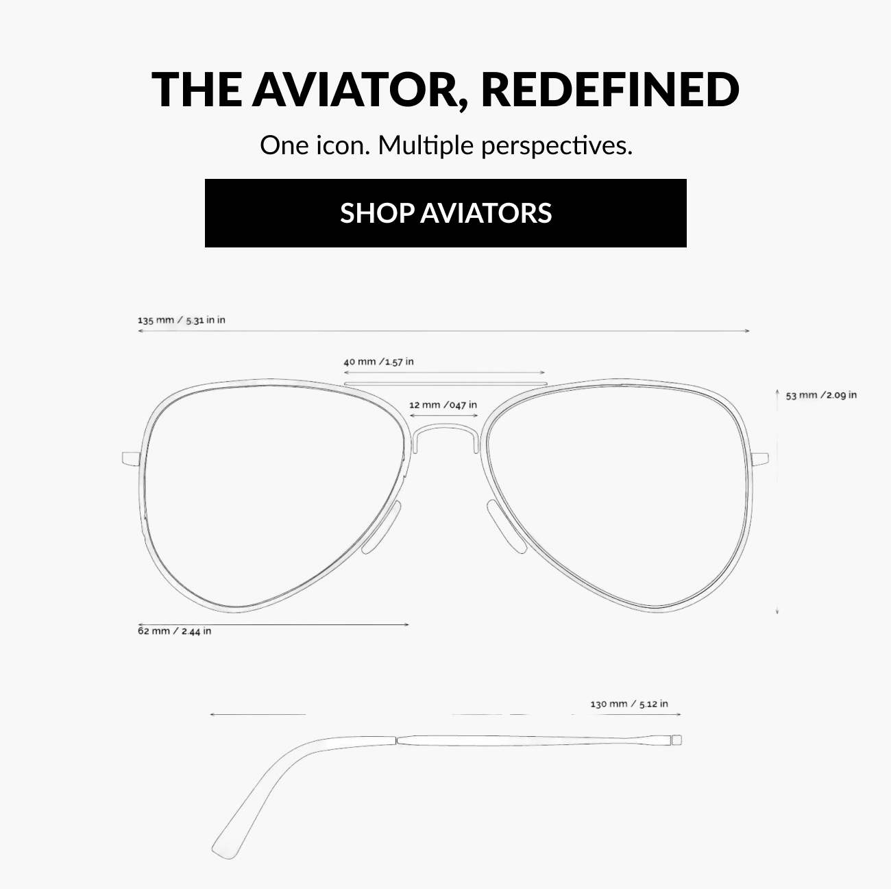 Header reading “The Aviator, Redefined” with subtext “One icon. Multiple perspectives.” and a “Shop Aviators” button above a technical outline of aviator sunglasses with measurements.