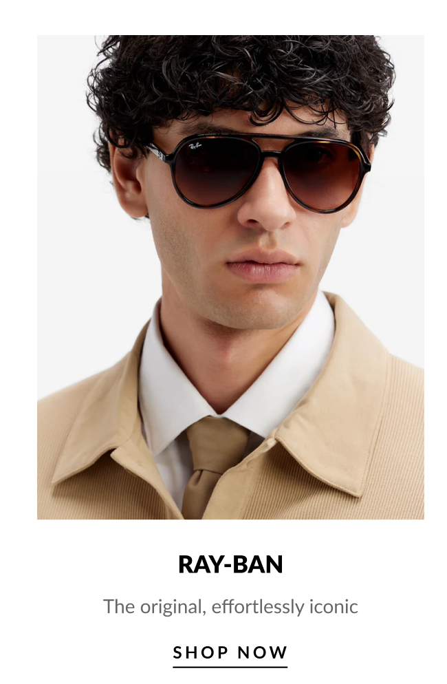 Model wearing Ray-Ban aviator sunglasses with text “Ray-Ban: The original, effortlessly iconic” and “Shop Now” button.