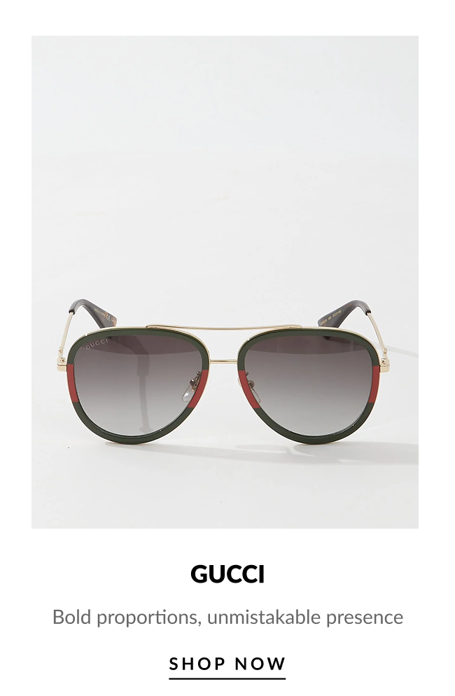 Gucci aviator sunglasses with green and red detailing and text “Gucci: Bold proportions, unmistakable presence” with “Shop Now” button.