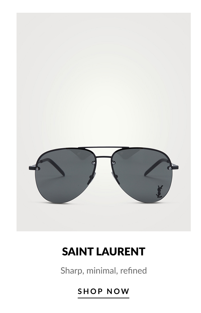 Saint Laurent aviator sunglasses with dark lenses and text “Saint Laurent: Sharp, minimal, refined” with “Shop Now” button.