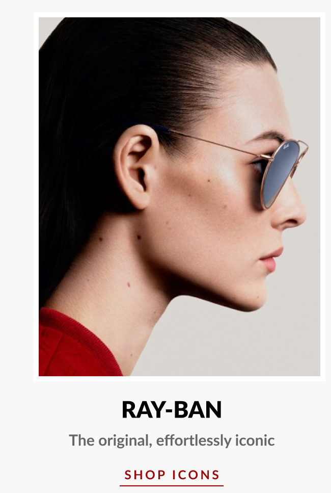 Model wearing Ray-Ban sunglasses with text “Ray-Ban – The original, effortlessly iconic.”
