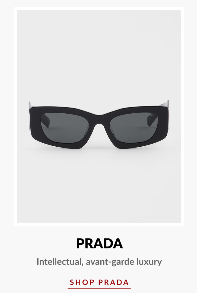 Black Prada sunglasses displayed with text “Prada – Intellectual, avant-garde luxury.”