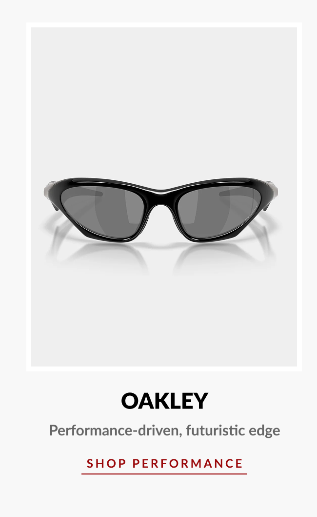 Sleek Oakley wrap-style sunglasses with text “Oakley – Performance-driven, futuristic edge.”