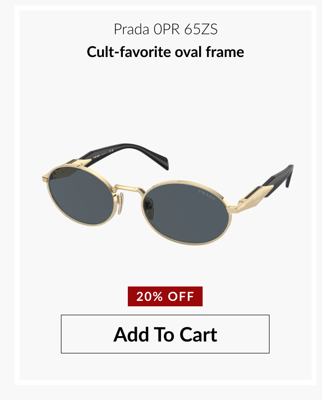 Prada 0PR 65ZS oval sunglasses labeled “Cult-favorite oval frame” with 20% off badge.