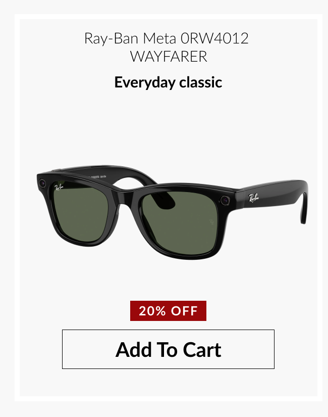 Ray-Ban Meta 0RW4012 Wayfarer sunglasses labeled “Everyday classic” with 20% off badge.