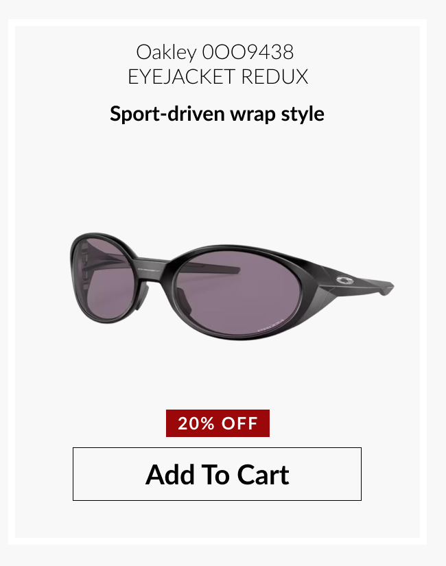 Oakley 0OO9438 EyeJacket Redux sunglasses labeled “Sport-driven wrap style” with 20% off badge.