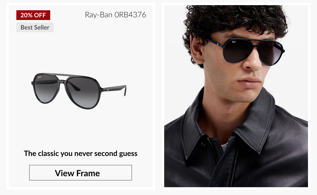 Ray-Ban 0RB4376 sunglasses labeled “20% Off” and “Best Seller,” shown in black with classic styling and “View Frame” button, alongside a model wearing the frames.