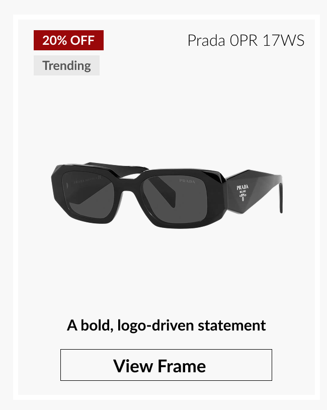 Prada 0PR 17WS sunglasses labeled “20% Off” and “Trending,” featuring bold black logo-driven design with “View Frame” button.