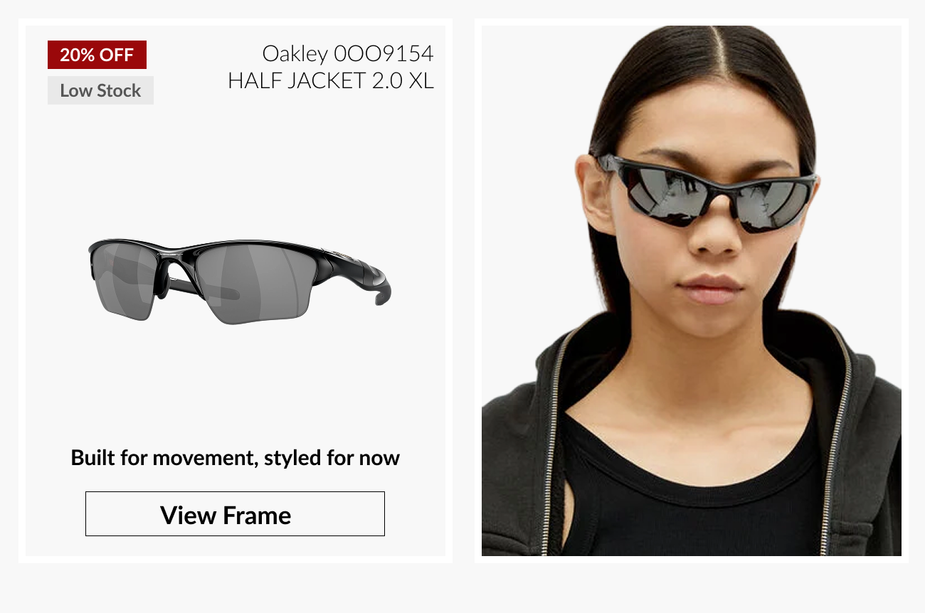 Oakley 0OO9154 Half Jacket 2.0 XL sunglasses labeled “20% Off” and “Low Stock,” designed for performance and movement, shown on a model with “View Frame” button.
