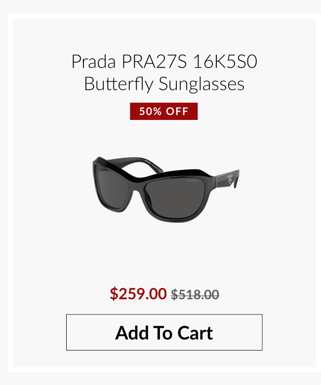 Prada PRA27S 16K5S0 butterfly sunglasses in black with soft curved silhouette and 50% off pricing.