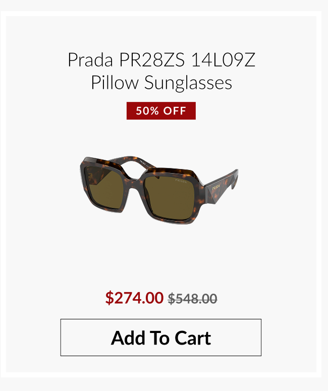 Prada PR28ZS 14L09Z pillow sunglasses in oversized tortoiseshell frame with warm-toned lenses.